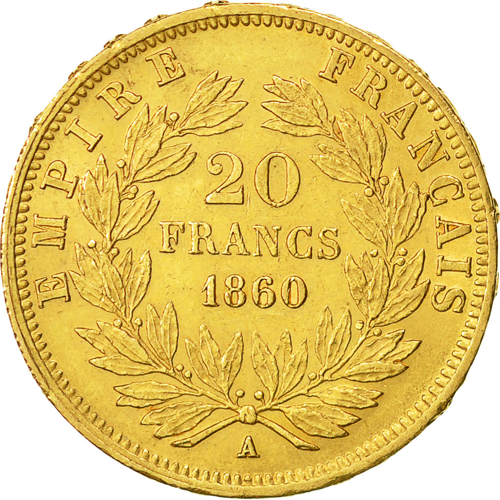Moneta, Francia, Napoleon III, Napoléon III, 20 Francs, 1860, Paris, BB+, Oro