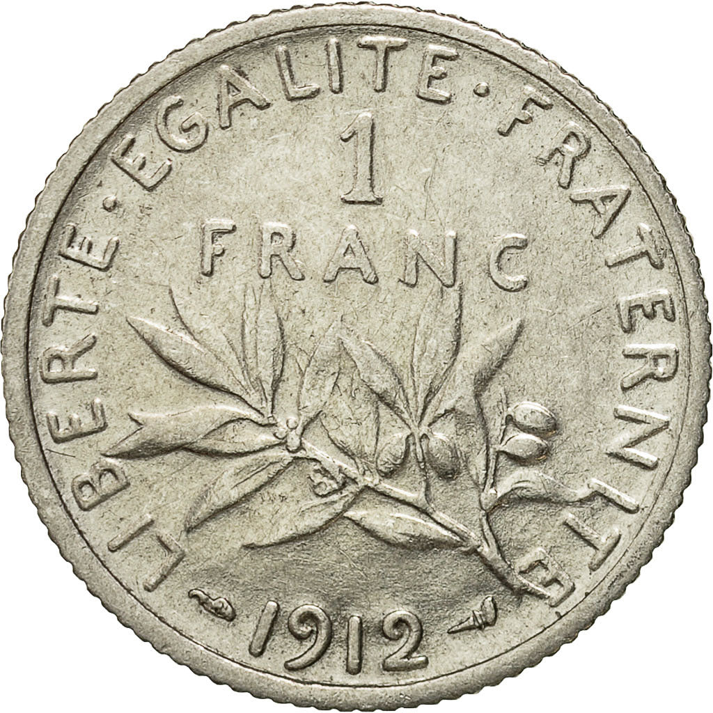 Coin, France, Semeuse, Franc, 1912, Paris, AU(50-53), Silver, KM:844.1