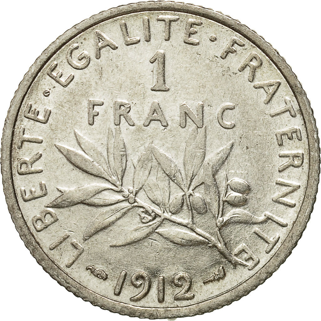 Coin, France, Semeuse, Franc, 1912, Paris, AU(50-53), Silver, KM:844.1