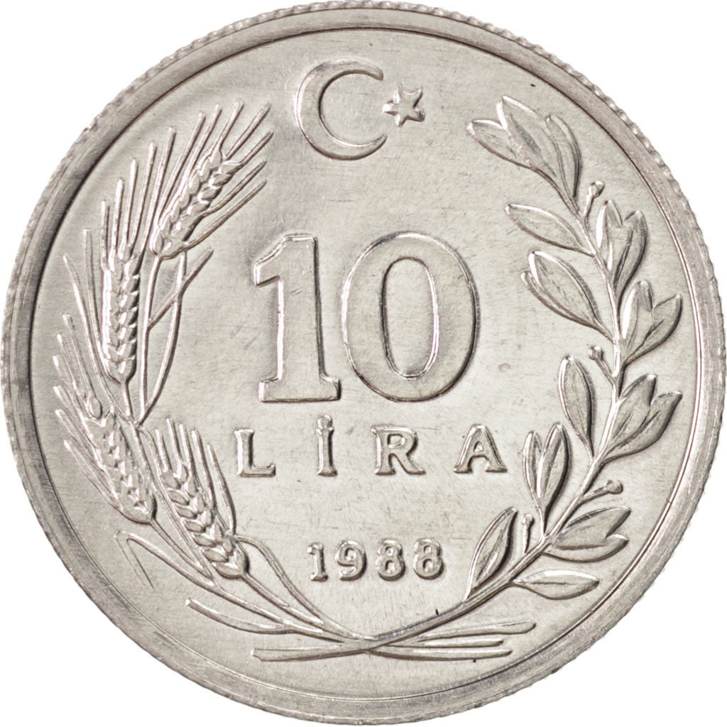 Coin, Turkey, 10 Lira, 1988, MS(63), Aluminum, KM:964