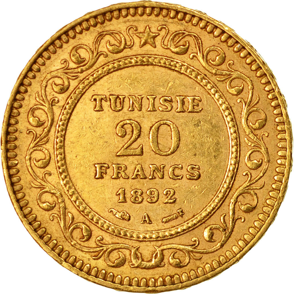 Coin, Tunisia, Ali Bey, 20 Francs, 1892, Paris, AU(50-53), Gold, KM:227