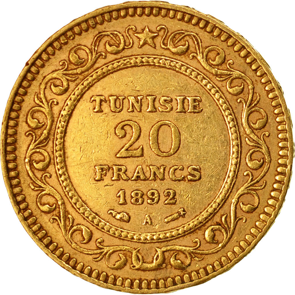 Coin, Tunisia, Ali Bey, 20 Francs, 1892, Paris, AU(50-53), Gold, KM:227