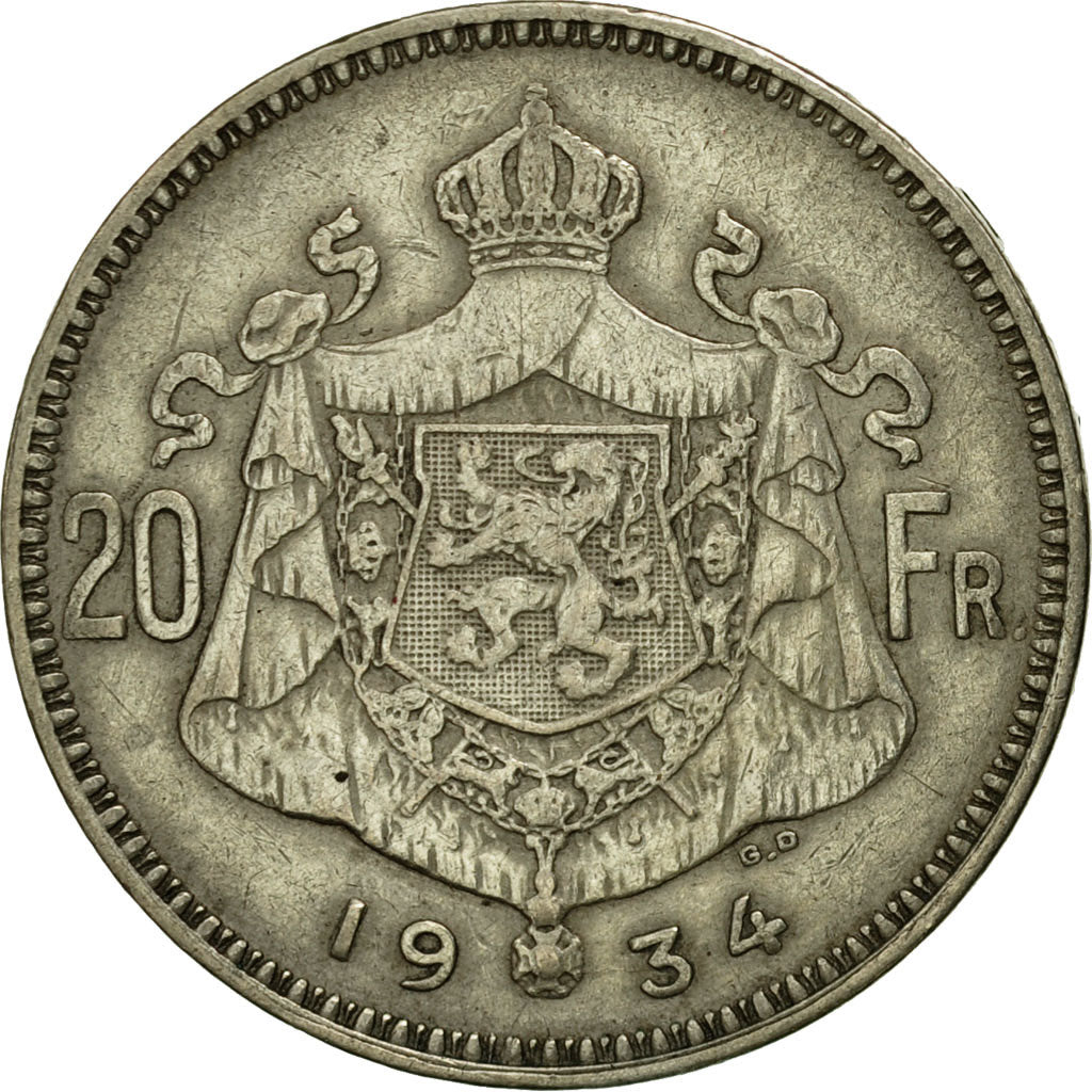 Coin, Belgium, 20 Francs, 20 Frank, 1934, EF(40-45), Silver, KM:104.1