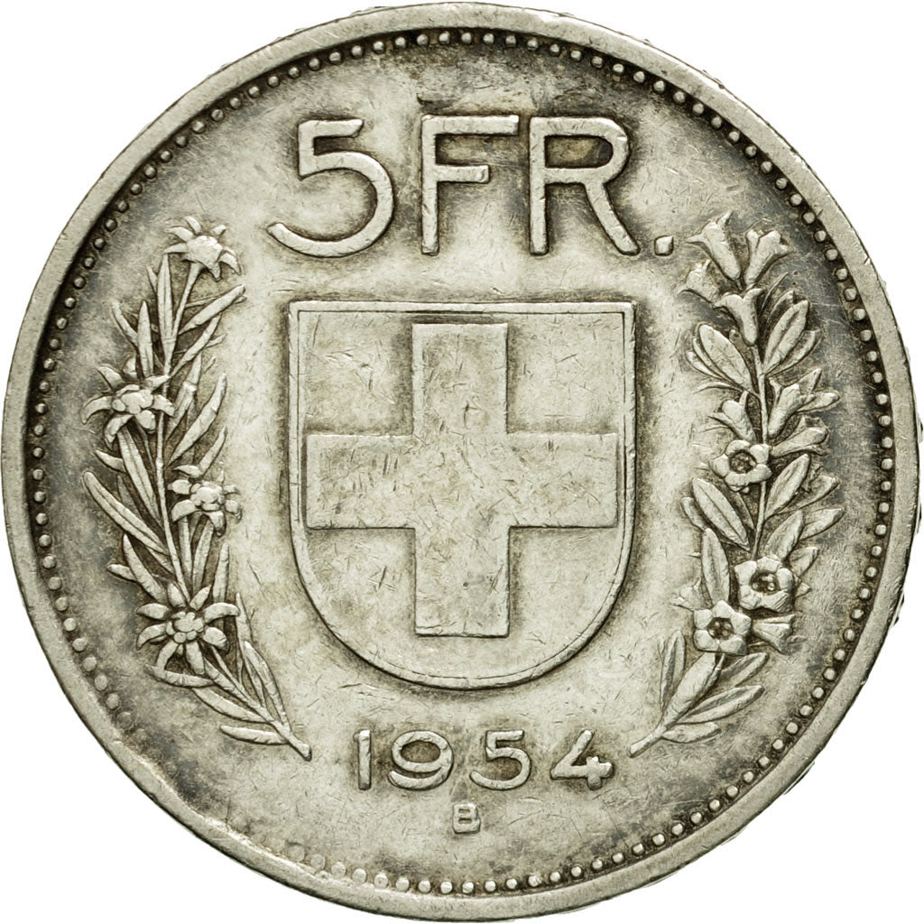 Coin, Switzerland, 5 Francs, 1954, Bern, EF(40-45), Silver, KM:40