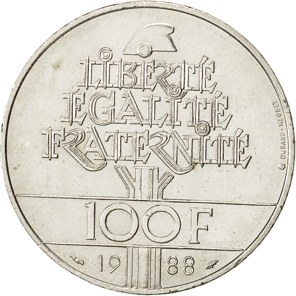 Coin, France, Fraternité, 100 Francs, 1988, AU(50-53), Silver, KM:966
