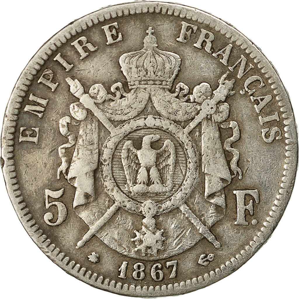 Coin, France, Napoleon III, 5 Francs, 1867, Paris, VF(30-35), KM 799.1, Gad 739