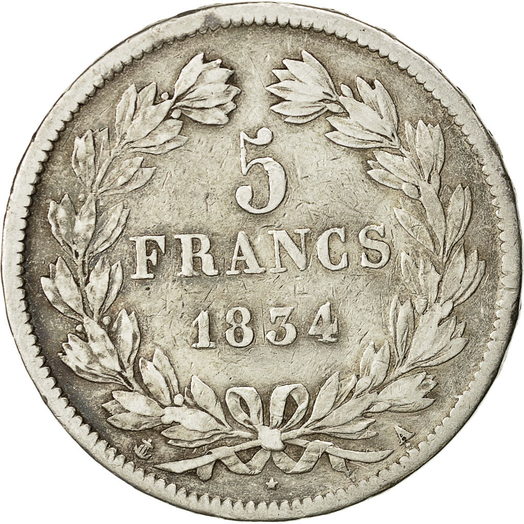 Coin, France, Louis-Philippe, 5 Francs, 1834, Paris, VF(20-25), Silver, KM 749.1