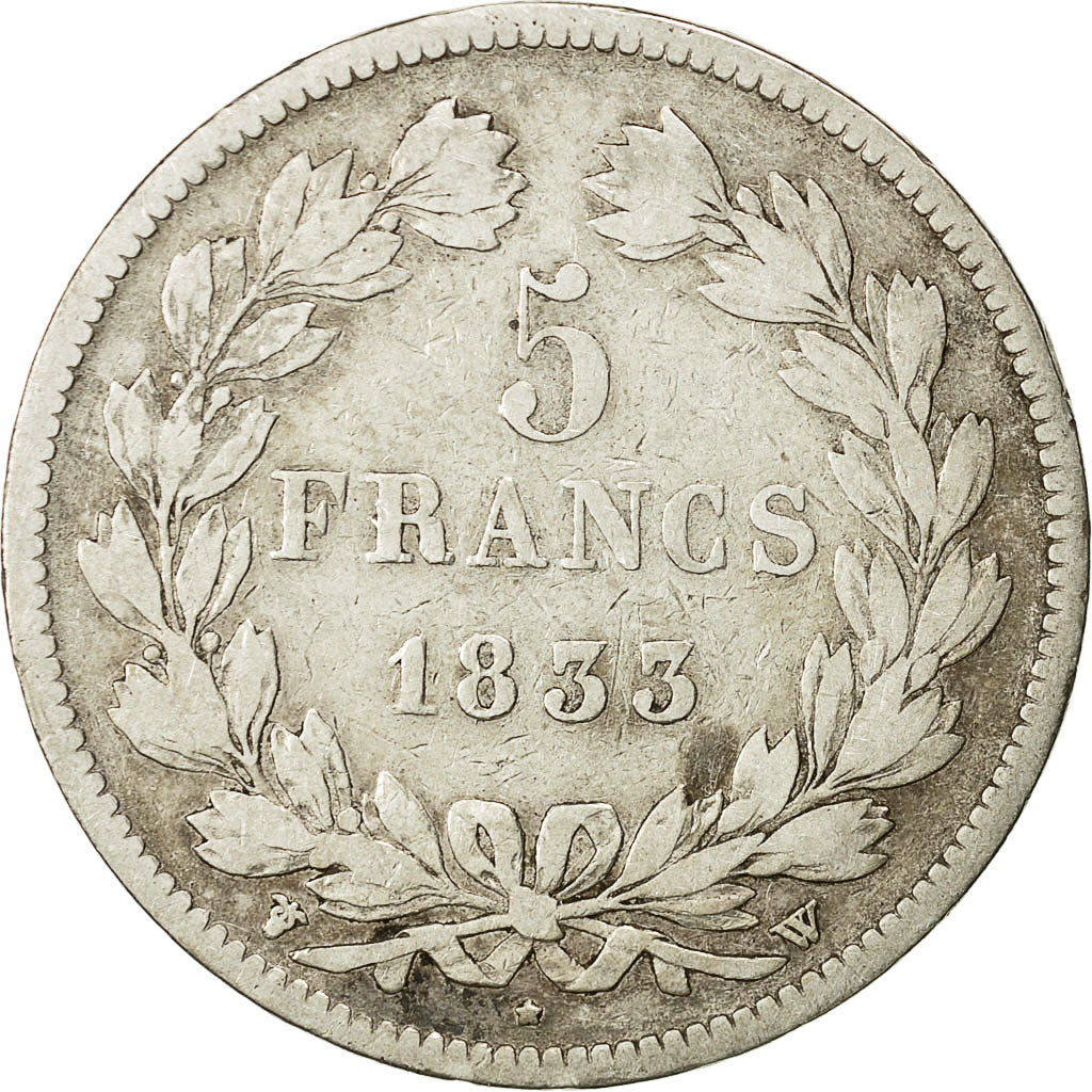 Coin, France, Louis-Philippe, 5 Francs, 1833, Lille, VF(20-25), Silver,KM 749.13