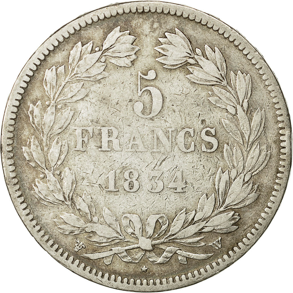Moneda, Francia, Louis-Philippe, 5 Francs, 1834, Lille, BC+, Plata, KM:749.13