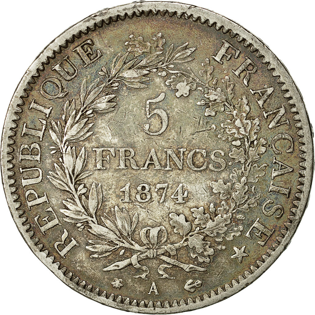 Monnaie, France, Hercule, 5 Francs, 1874, Paris, TTB, Arg,KM 820.1,Gadoury:745a