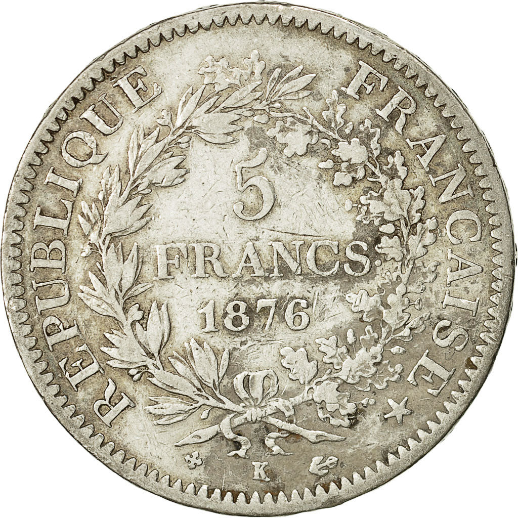 Coin, France, Hercule, 5 Francs, 1876, Bordeaux, VF(30-35), Silver, KM:820.2