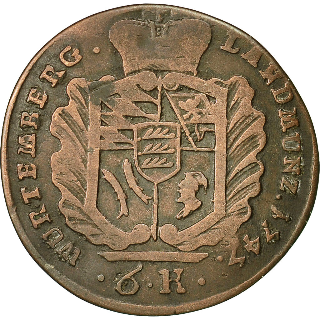 Coin, WURTTEMBERG, Karl Eugen, 6 Kreuzer, 1747, F(12-15), Billon,KM 385
