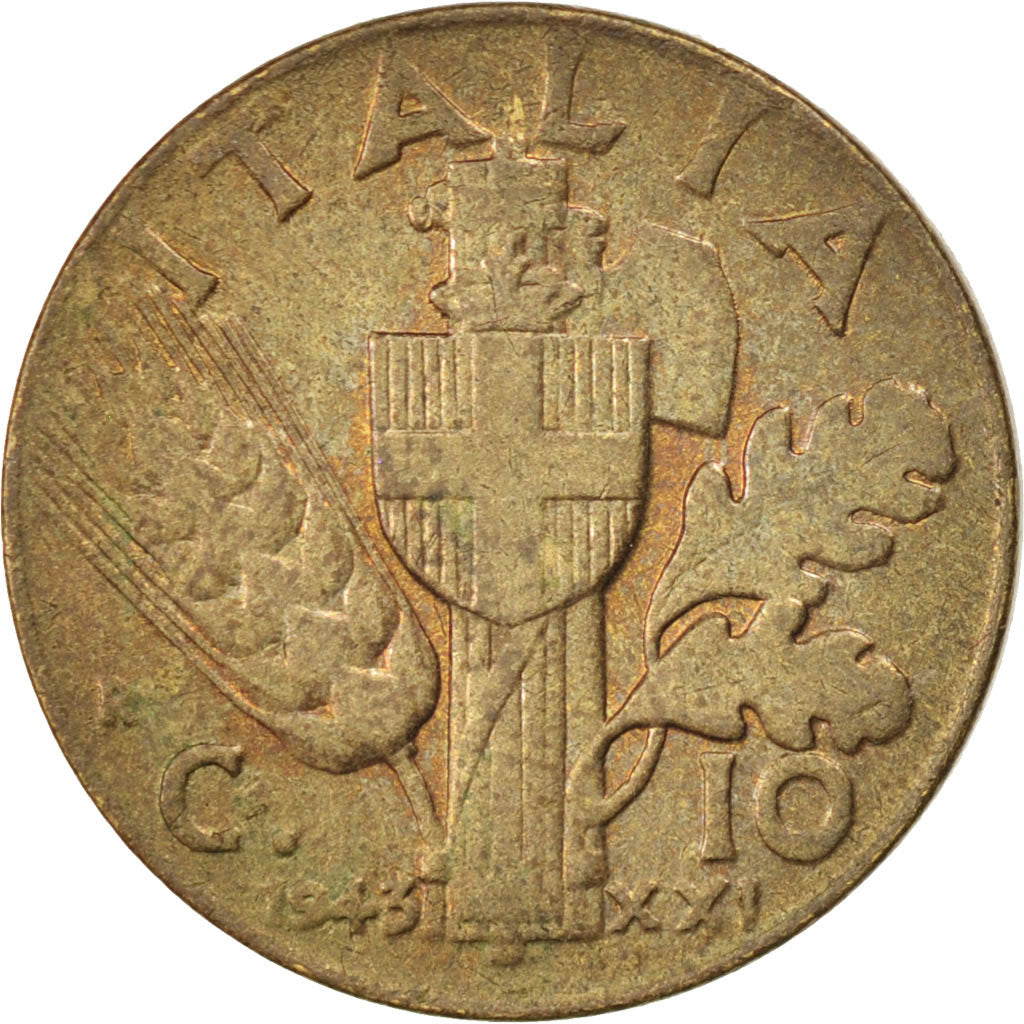 ITALY, 10 Centesimi, 1943, Rome, KM #74a, AU(55-58), Aluminum-Bronze, 23, 4.83