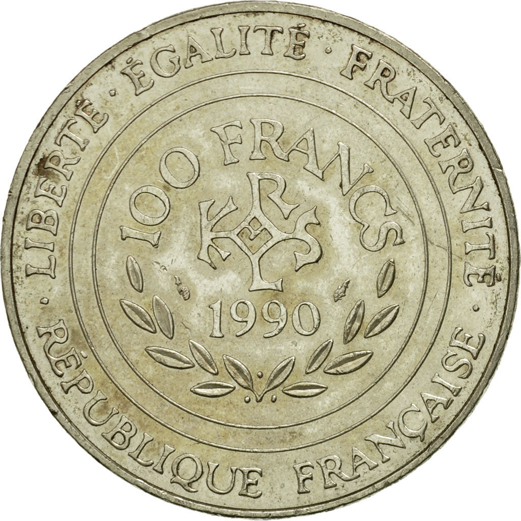 Coin, France, Charlemagne, 100 Francs, 1990, AU(50-53), Silver, KM:982