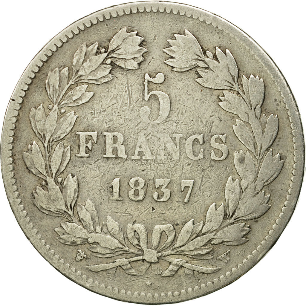 Coin, France, Louis-Philippe, 5 Francs, 1837, Lille, VF(20-25), Silver,KM 749.13