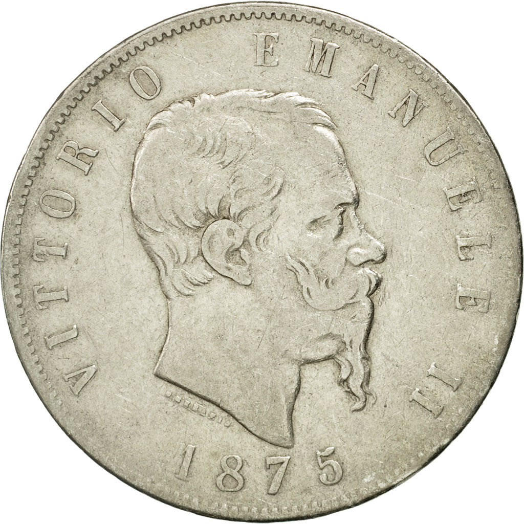 Coin, Italy, Vittorio Emanuele II, 5 Lire, 1875, Milan, VF(30-35), Silver,KM 8.3