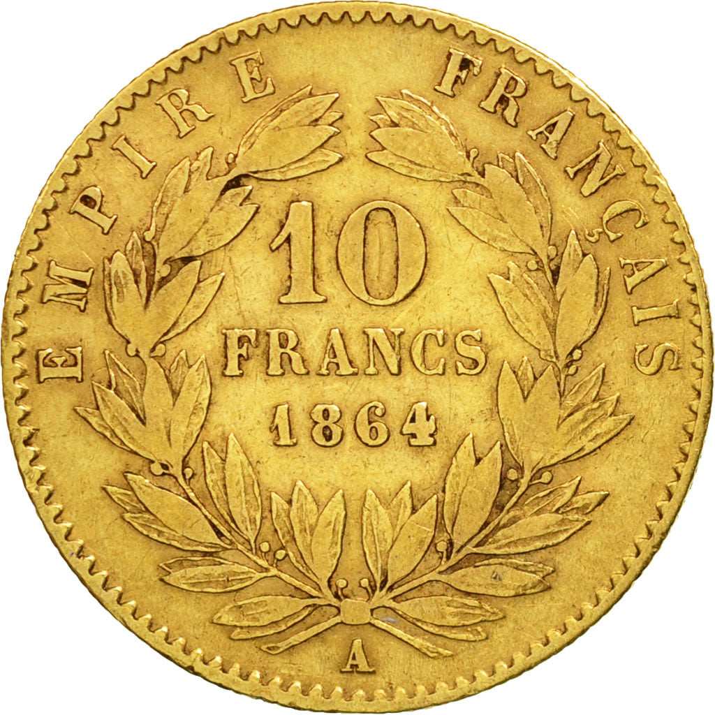 Munten, Frankrijk, Napoleon III, 10 Francs, 1864, Paris, Goud FR+, KM 800.1