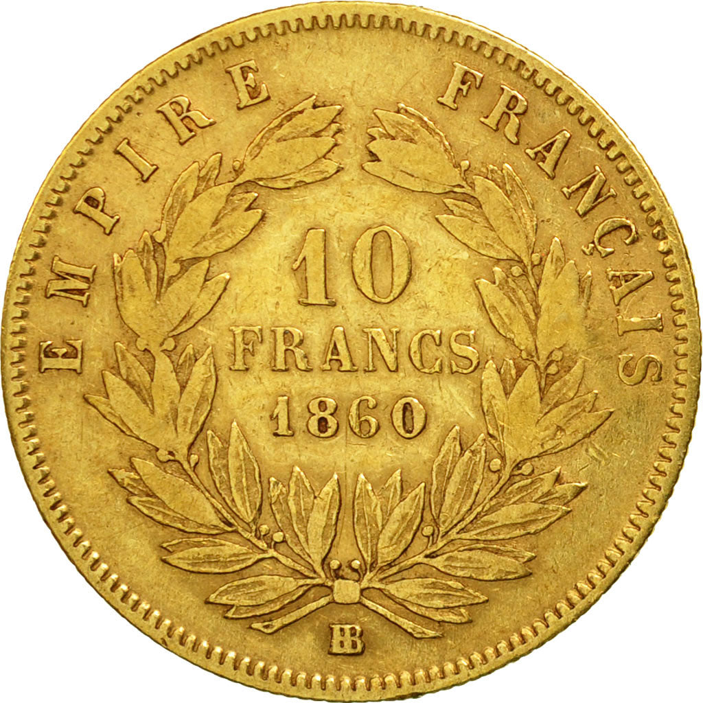Coin, France, Napoleon III,10 Francs, 1860, Strasbourg,Gold,VF(20-25),KM 784.4