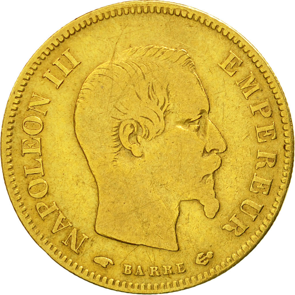 Moneda, Francia, Napoleon III, 10 Francs, 1857, Paris, BC+, Oro, KM 784.3