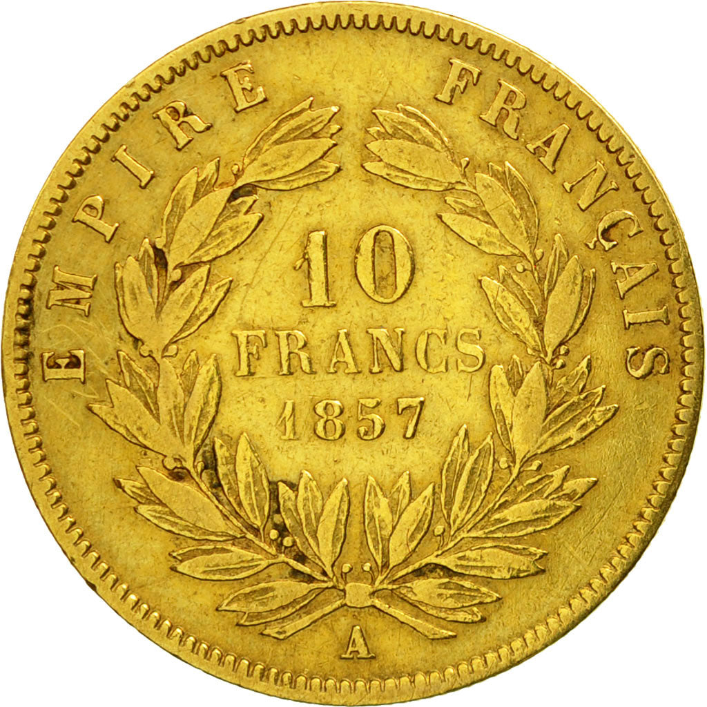 Moneda, Francia, Napoleon III, 10 Francs, 1857, Paris, BC+, Oro, KM 784.3