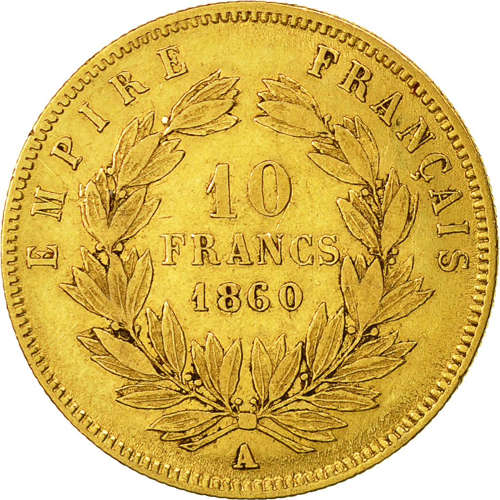Moneda, Francia, Napoleon III, 10 Francs, 1860, Paris, BC+, Oro, KM 784.3