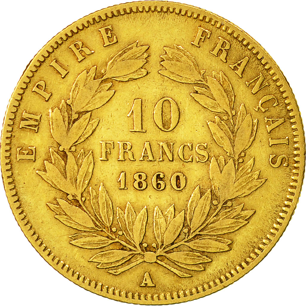 Moneda, Francia, Napoleon III, Napoléon III, 10 Francs, 1860, Paris, BC+, Oro