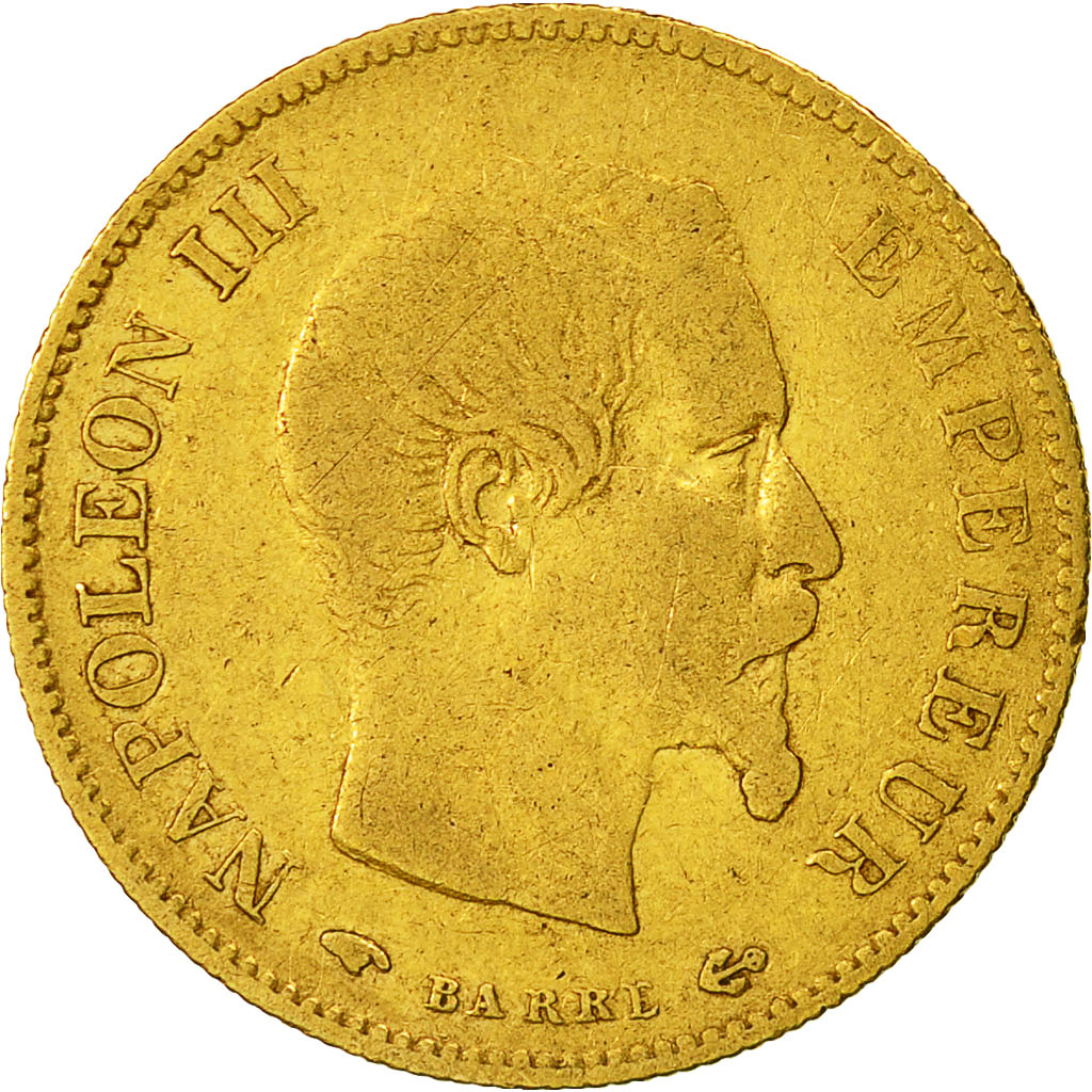 Moneda, Francia, Napoleon III, 10 Francs, 1859, Paris, BC+, Oro, KM 784.3