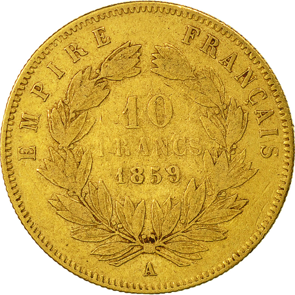 Moneda, Francia, Napoleon III, 10 Francs, 1859, Paris, BC+, Oro, KM 784.3