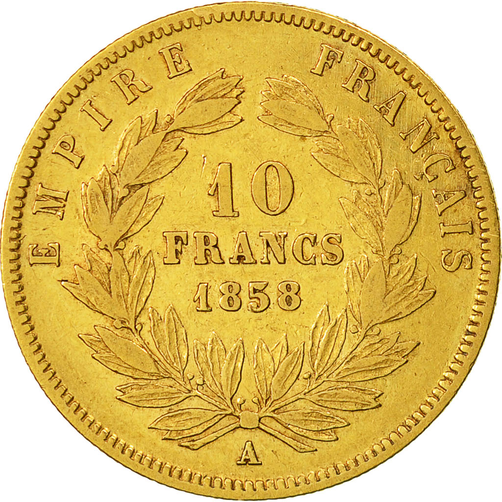Coin, France, Napoleon III, 10 Francs, 1858, Paris,Gold, VF(20-25),KM 784.3