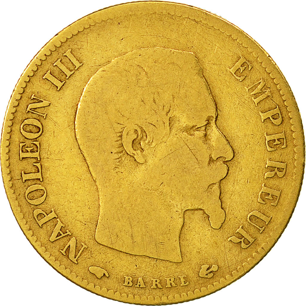 Moneda, Francia, Napoleon III, 10 Francs, 1859, Paris, BC+, Oro, KM 784.3