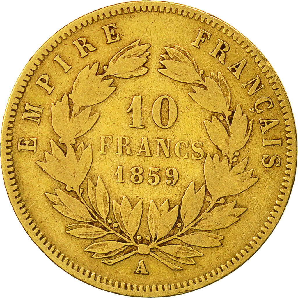 Moneda, Francia, Napoleon III, 10 Francs, 1859, Paris, BC+, Oro, KM 784.3