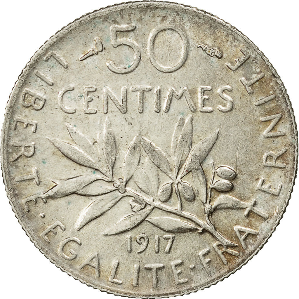 Monnaie, France, Semeuse, 50 Centimes, 1917,Paris,TTB+,Argent,KM 854,Gadoury:420