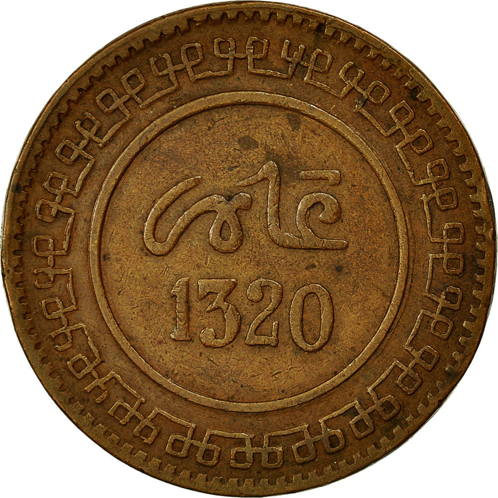 Moneta, Maroko, 'Abd al-Aziz, 10 Mazunas, 1902, Fez, EF(40-45), Bronze, KM:17.3