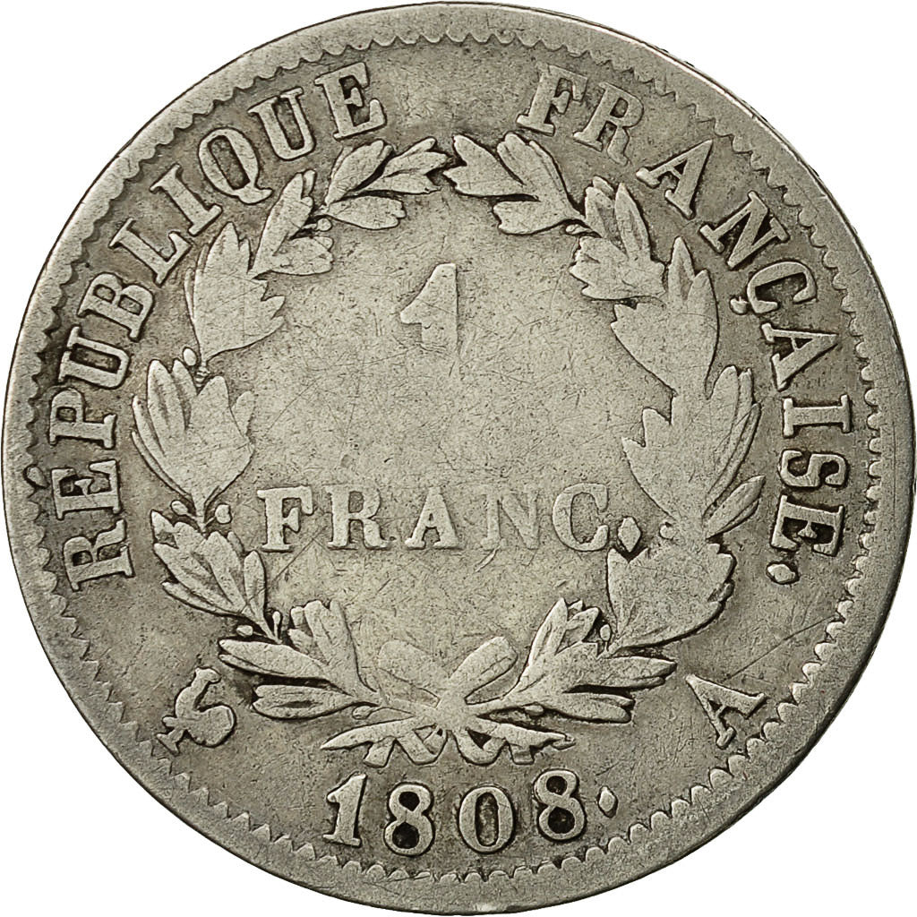 Monnaie, France, Napoléon I, Franc, 1808, Paris,B+, Argent,KM 682.1, Gadoury:446