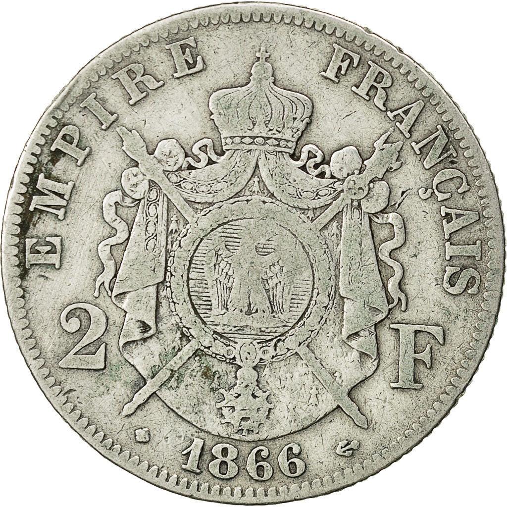 Coin, France, Napoleon III, 2 Francs, 1866, Strasbourg,VF(30-35),KM 807.2