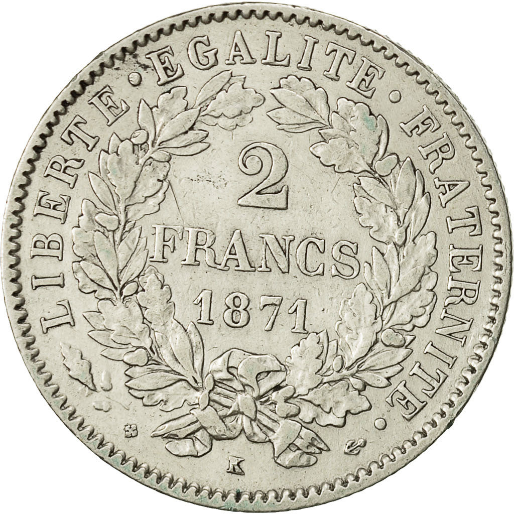 Coin, France, Cérès, 2 Francs, 1871, Bordeaux, EF(40-45), Silver, KM:817.2