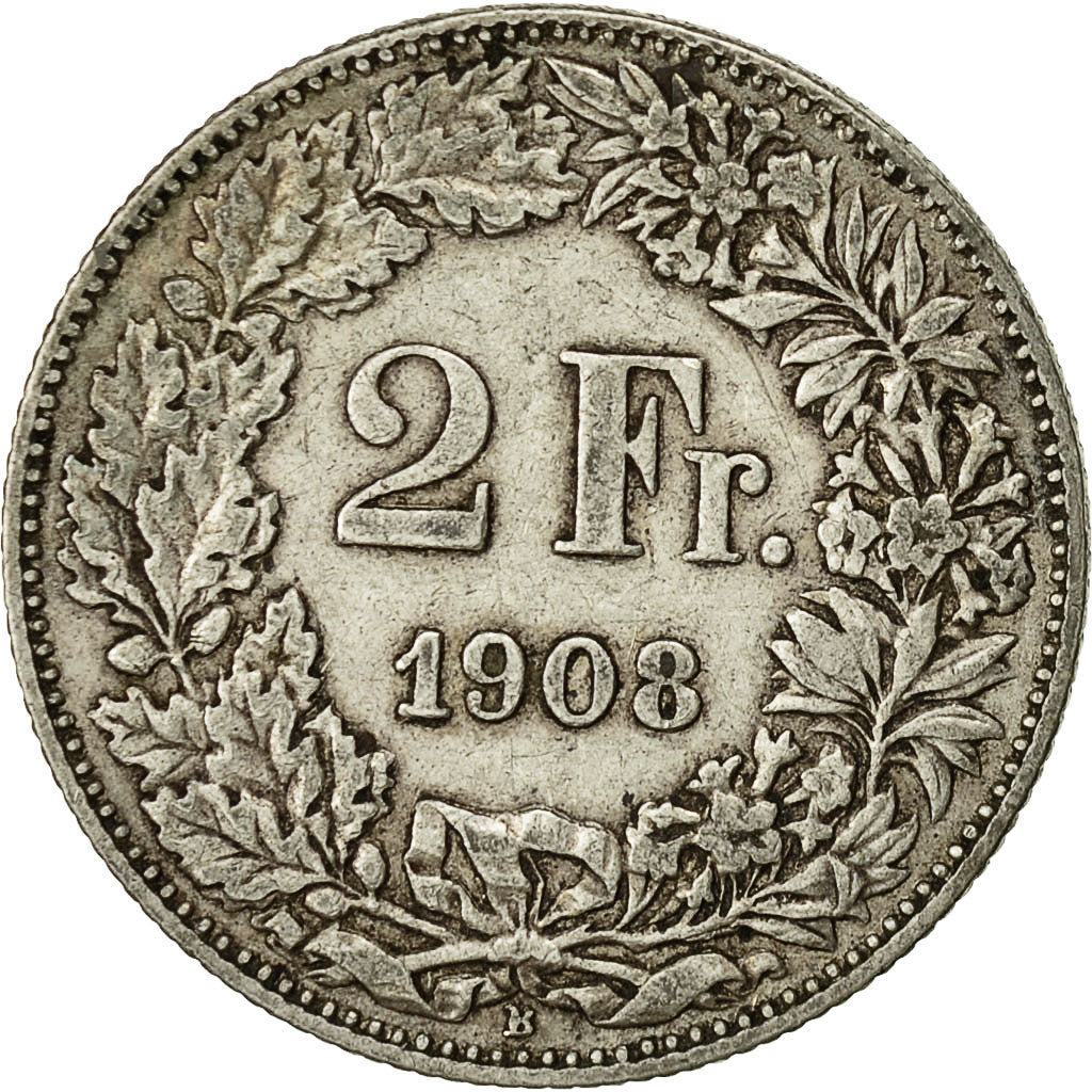 Coin, Switzerland, 2 Francs, 1908, Bern, EF(40-45), Silver, KM:21