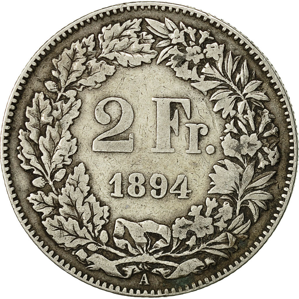 Coin, Switzerland, 2 Francs, 1894, Bern, VF(30-35), Silver, KM:21