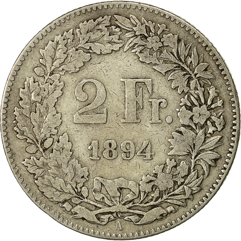 Coin, Switzerland, 2 Francs, 1894, Bern, VF(30-35), Silver, KM:21