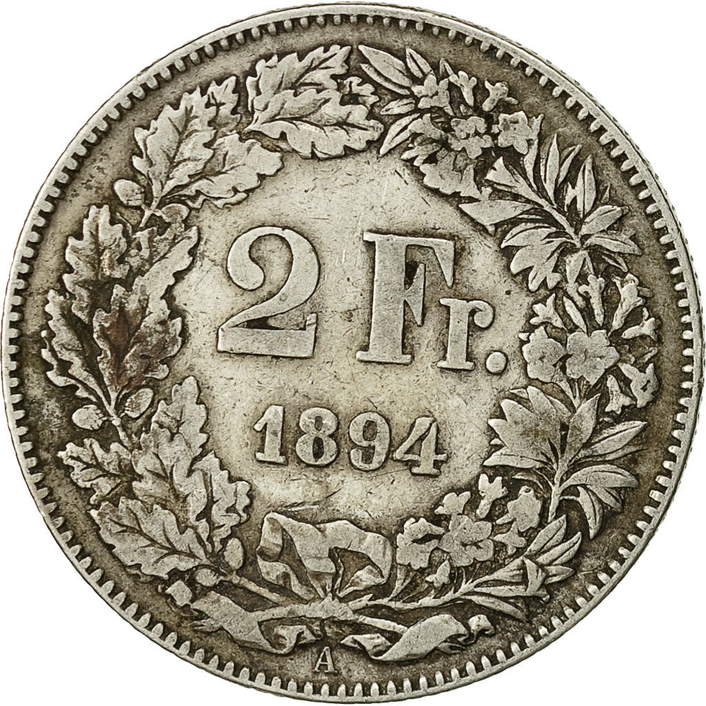 Coin, Switzerland, 2 Francs, 1894, Bern, VF(30-35), Silver, KM:21