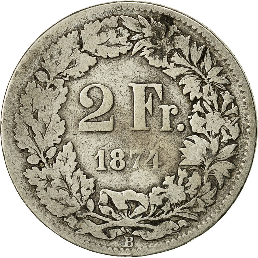 Münze, Schweiz, 2 Francs, 1874, Bern, S, Silber, KM:21