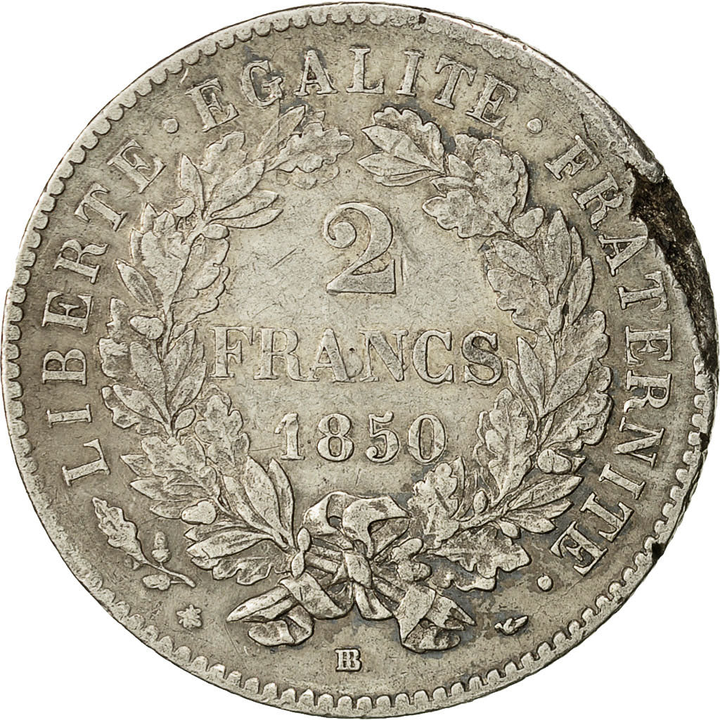 Moneda, Francia, Cérès, 2 Francs, 1850, Strasbourg, BC+, Plata, KM:760.2
