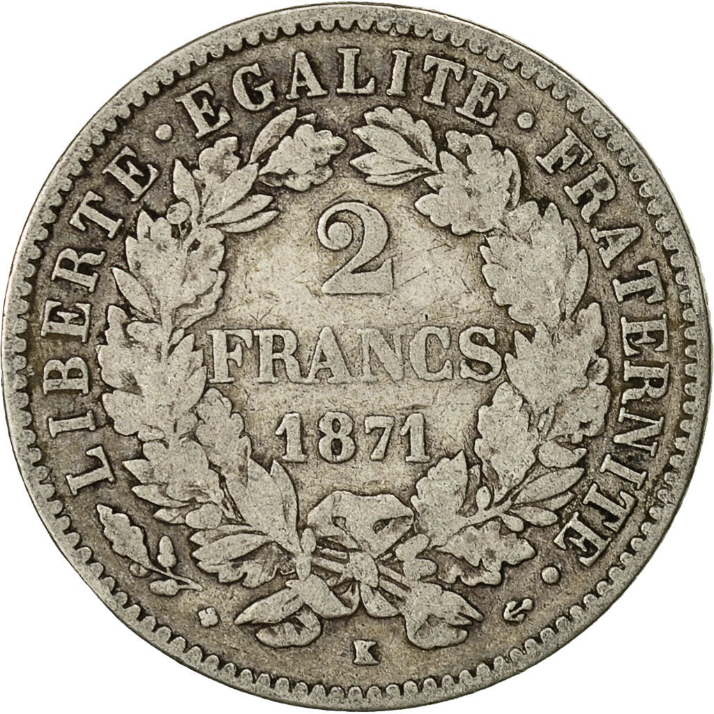 Coin, France, Cérès, 2 Francs, 1871, Bordeaux, VF(30-35), Silver, KM:817.2
