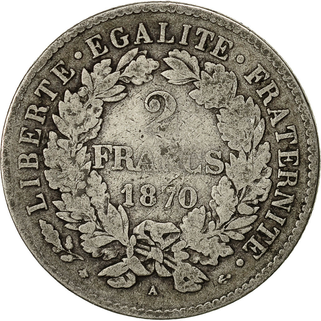 Monnaie, France, Cérès, 2 Francs, 1870, Paris, TB, Argent,KM 817.1, Gadoury:530
