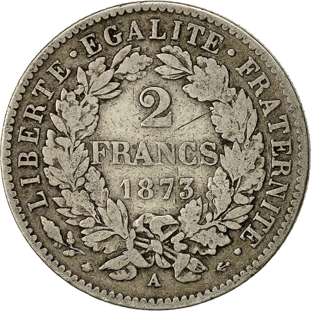 Moneda, Francia, Cérès, 2 Francs, 1873, Paris, BC+, Plata, KM:817.1