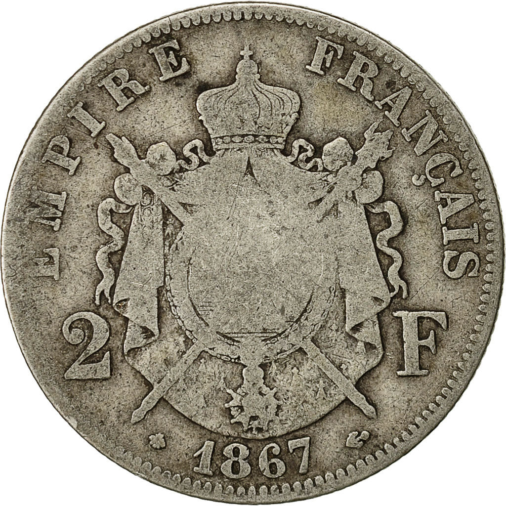 Coin, France, Napoleon III, 2 Francs, 1867, Paris, VF(20-25), KM 807.1
