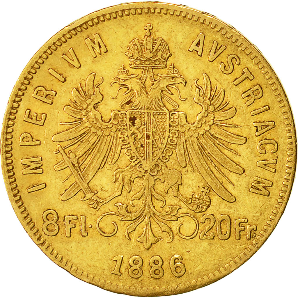 Coin, Austria, Franz Joseph I, 8 Florins-20 Francs, 1886, AU(50-53),Gold,KM 2269