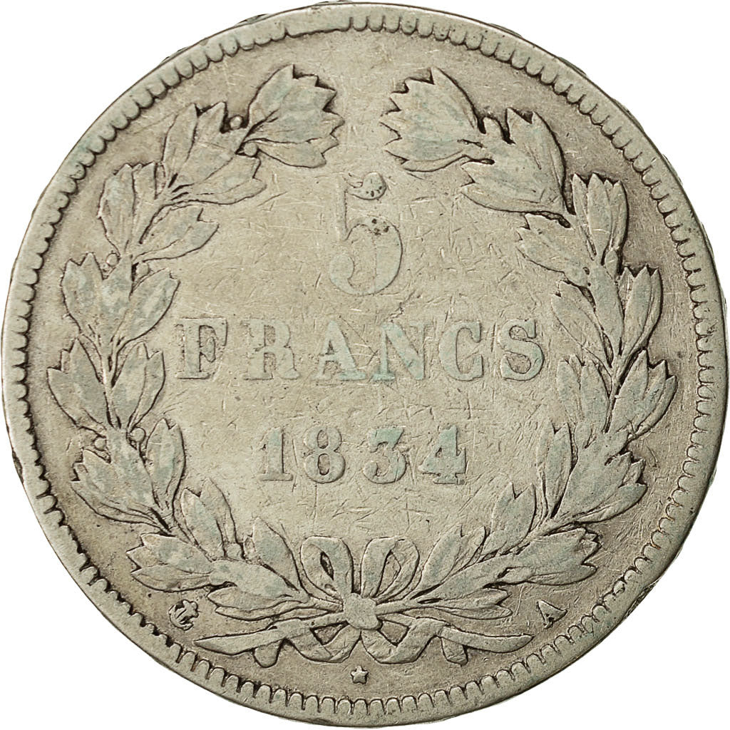 Coin, France, Louis-Philippe, 5 Francs, 1834, Paris, VF(20-25), Silver,KM 749.1