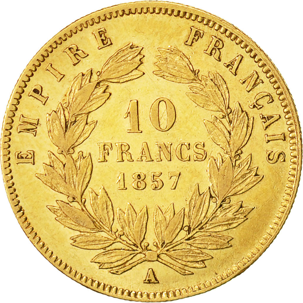 Moneda, Francia, Napoleon III, 10 Francs, 1857, Paris, BC+, Oro, KM 784.3