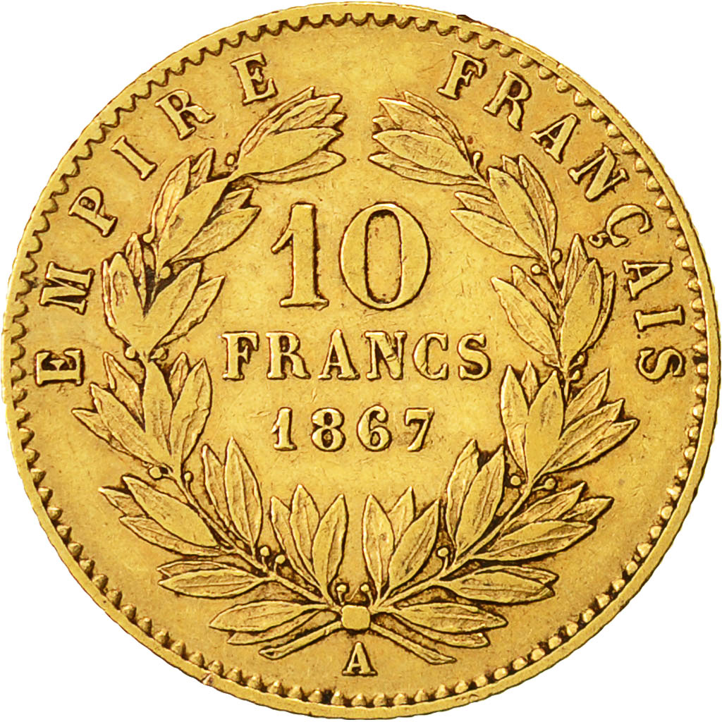 Munten, Frankrijk, Napoleon III, 10 Francs, 1867, Paris,Goud, FR+, KM 800.1